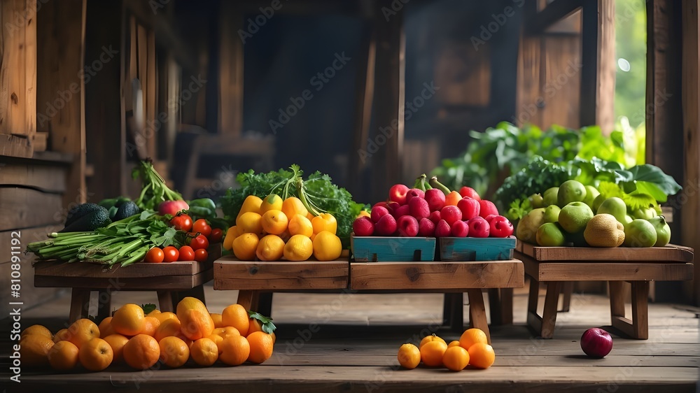 On wooden platforms in a rustic atmosphere, fresh produce