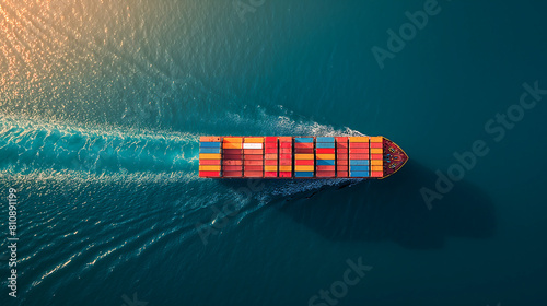 Aerial top view of container ship loading and unloading, Cargo container in deep seaport for the international order. Aerial view of cargo ships in containers sailing in the sea.
 photo