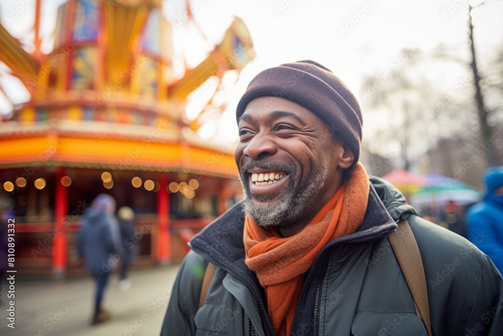 Portrait of a blissful afro-american man in his 50s donning a durable down jacket over vibrant amusement park Portrait of a blissful afro-american man in his 50s donning a durable down jacket over vibrant amusement park