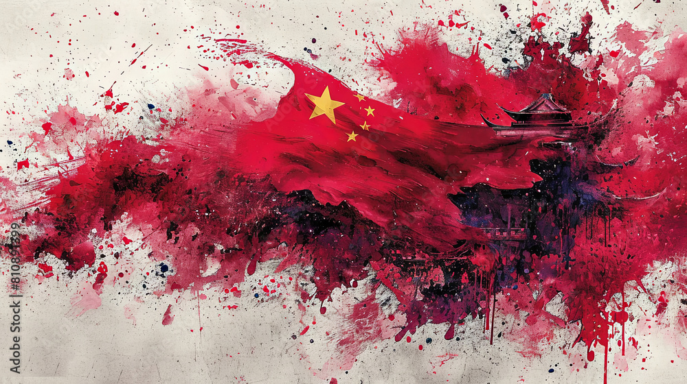 Vibrant Chinese Flag and Traditional Architecture in Artistic Splatter Style Vibrant Chinese Flag and Traditional Architecture in Artistic Splatter Style