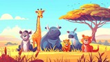An illustration of cute giraffes, cheetahs, rhinoceroses, hippopotamuses, hyenas, wildebeests and a savannah landscape with trees, sand, and grass in a modern format.
