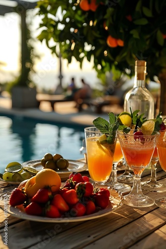 fruit cocktails near the pool. Selective focus. © Milena