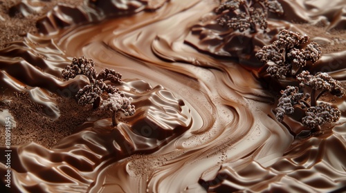 River made of chocolate. Sweet mountain landscape. 
