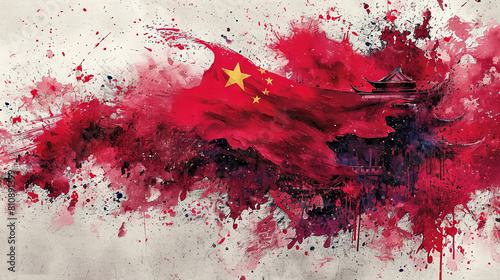 Vibrant Chinese Flag and Traditional Architecture in Artistic Splatter Style photo