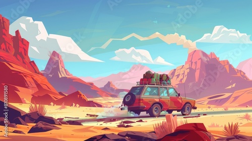 An accident is shown with a broken car on a desert road, with luggage on its roof and smoke coming from the open hood of the car in a modern cartoon illustration. photo