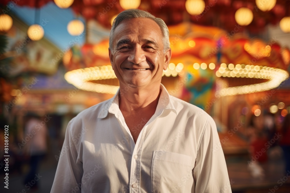 Obraz premium Portrait of a glad man in his 60s wearing a classic white shirt in vibrant amusement park