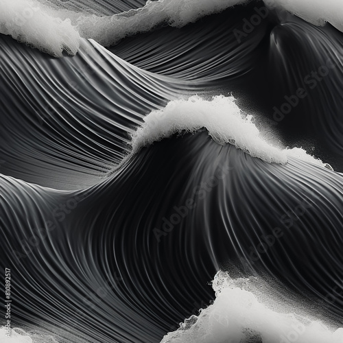 Dynamic ocean waves, white foam curling on dark sea textures. Seamless flowing lines, modern artistic visual for decor, wrapping, prints. Smooth gradient, nature-inspired monochrome design.