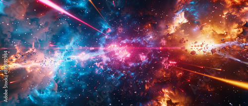 Intense sci-fi battle scene in space featuring laser beams, explosions, and epic warfare action. photo