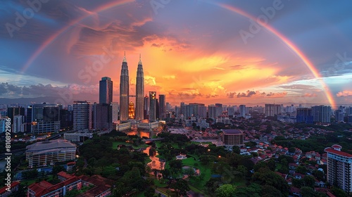 Stunning Kuala Lumpur Skyline at Sunset with Rainbow and Vibrant Colors