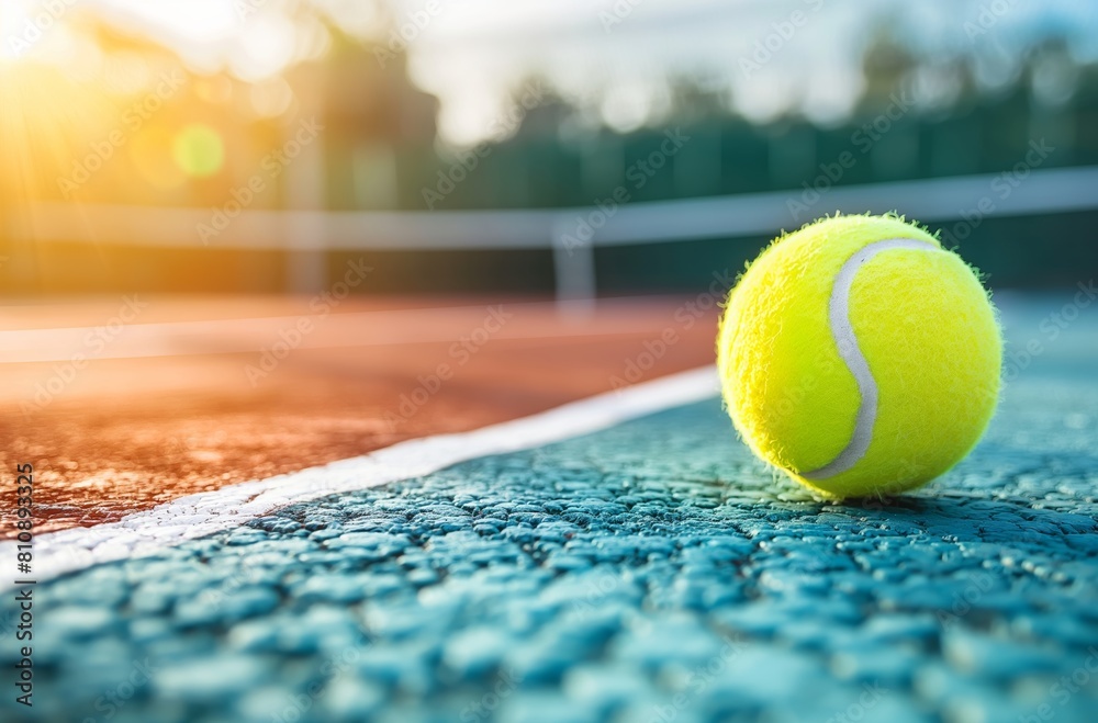 Tennis ball on court at sunset