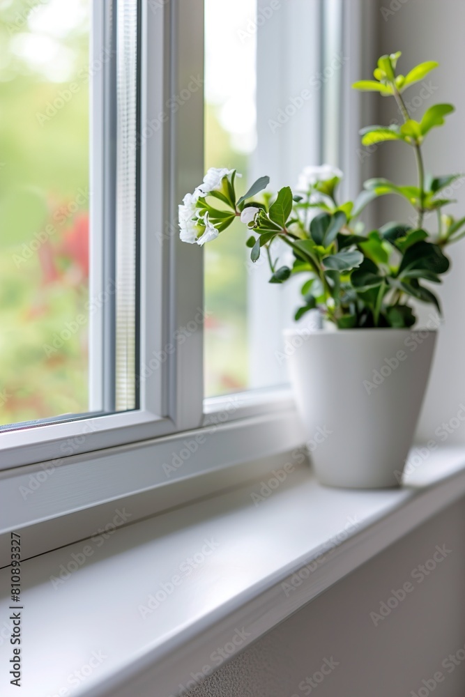 Fototapeta premium Sample of modern window profile on sill closeup
