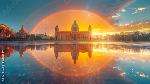 Stunning Sunset Over St. Mary's Basilica in Kraków, Featuring a Vibrant Rainbow and Reflective Water