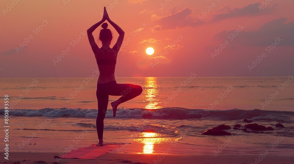 A woman doing yoga on the beach at sunset.