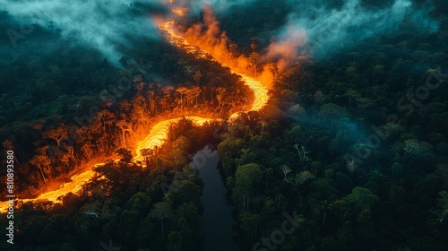 A fire burns through the jungle.
