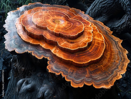 A tree stump with a large orange ring on it. photo