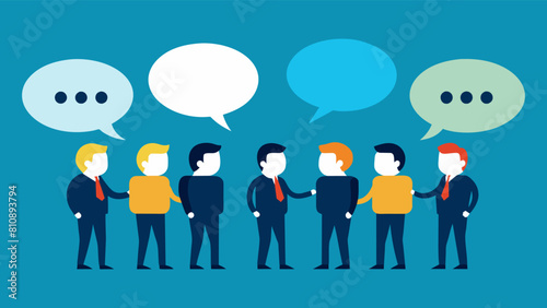 Vector art of Discussion and Communication concept. Business people talking about project work standing in the speech bubbles vector illustration