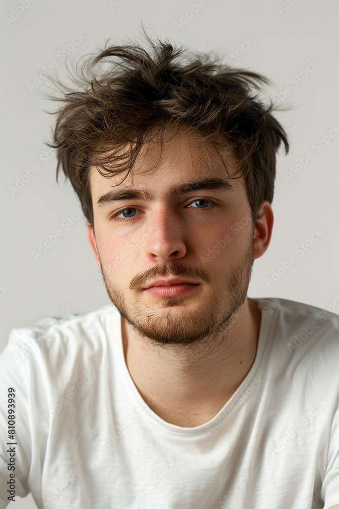 Young man on white background closeup Young man on white background closeup