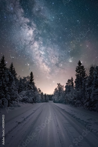 Freezing night on a snowy road cutting through a dark forest © Alexei