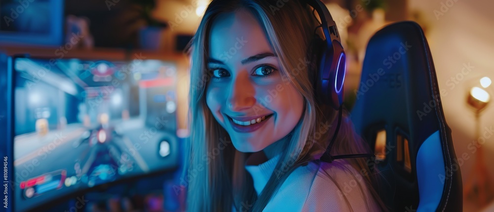 A SMiling Female Gamer Plays Video Game to Fight in a Tournament at Home on Her Powerful Computer. A SMiling Female Gamer Plays Video Game to Fight in a Tournament at Home on Her Powerful Computer.