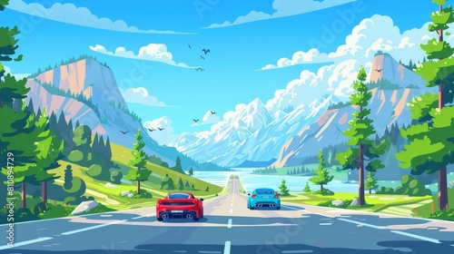 A car is speeding along an asphalted road with trees as it rides, a mountain landscape is in the background and a blue sky hangs above the mountain, Cars driving at highway rear view, Cartoon modern photo
