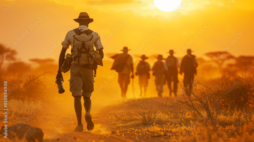 Fototapeta premium A photo of an African safari guide, in strict clothes, shows his confidence and experience in escorting tourists through extreme conditions.