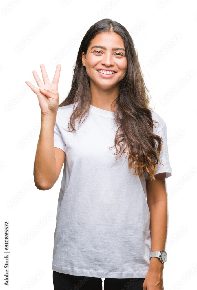 Young beautiful arab woman over isolated background showing and pointing up with fingers number four while smiling confident and happy. Young beautiful arab woman over isolated background showing and pointing up with fingers number four while smiling confident and happy.