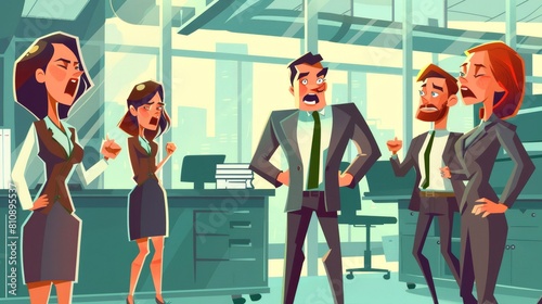 It's a stressful job and the boss is yelling at the employee, flat modern illustration set. Rude male and female characters yelling, criticizing, and firing upset employees because of their mistakes photo