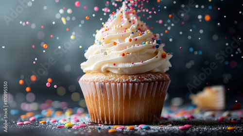 Cupcake for party and celebration background with colorful sprinkles  bokeh and a sparkler. 