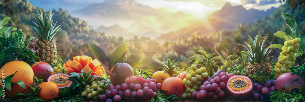 Various tropical fruits with tropical forrest background for web template and banner. Various tropical fruits with tropical forrest background for web template and banner.