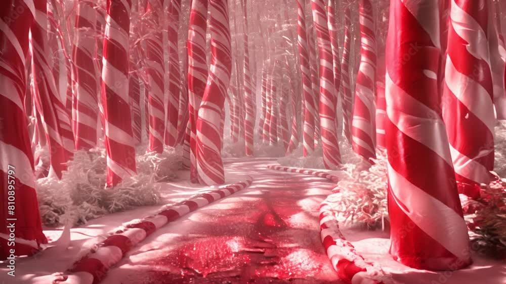 3D candy cane forest with sugar dusted paths and peppermint trees