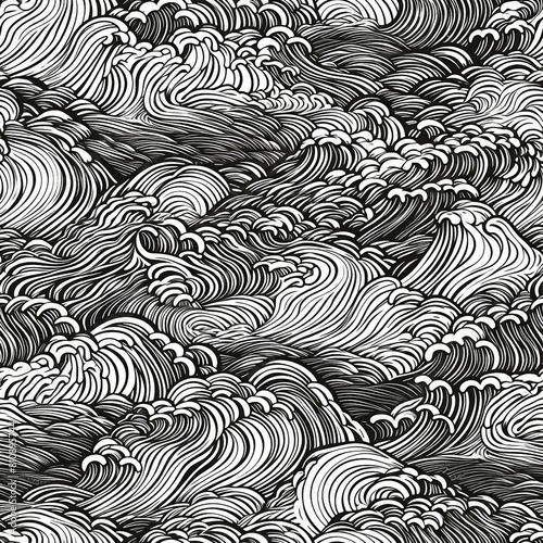 Intricate wave pattern capturing the unceasing energy of the sea for wallpaper, textiles, and modern art pieces. Detailed, rhythmic design in a striking monochrome style