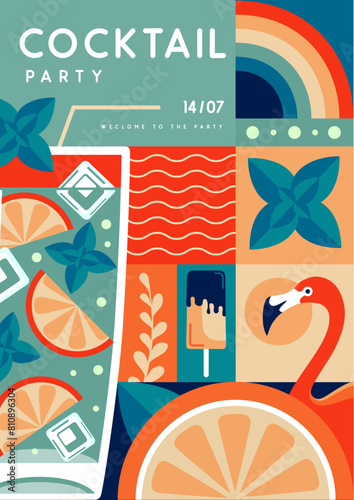 Retro flat summer disco party poster with summer attributes. Mojito cocktail , flamingo, ice cream, rainbow and orange. Vector illustration