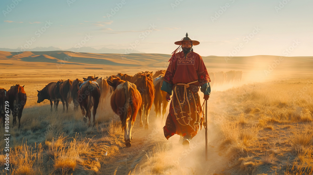 Foto de A Mongolian shepherd in traditional clothes embodies the beauty