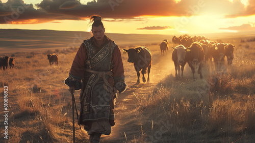 A Mongolian shepherd  in traditional clothes  leads a herd of cattle across the vast steppe expanses.