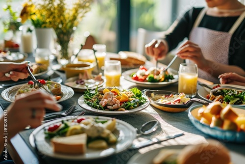 A lively mealtime scene with family and friends enjoying their plates of food together Fictional Character Created By Generative AI. 