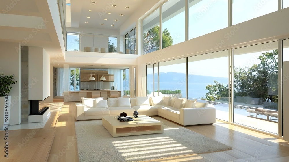 Spacious modern living room featuring large windows, natural light, minimalistic furniture, and an ocean view, blending indoor and outdoor living. Spacious modern living room featuring large windows, natural light, minimalistic furniture, and an ocean view, blending indoor and outdoor living.