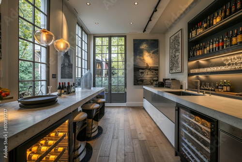 A chic Paris loft kitchen, with French windows, modern art photo