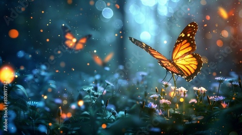 Abstract and magical image of Firefly and butterfly flying in the night forest. Fairy tale concept. © usman