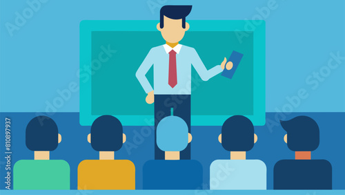 A Confident young speaker gives a presentation vector illustration 