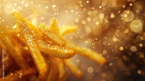 Crispy golden french fries mid-air with a sparkling and bokeh background  conveying indulgence and delicious fast food craving