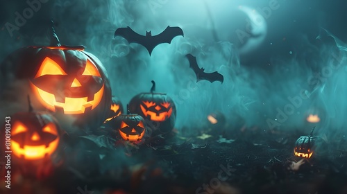 Halloween night with pumpkins and bats, pumpkins and fruits on plain background