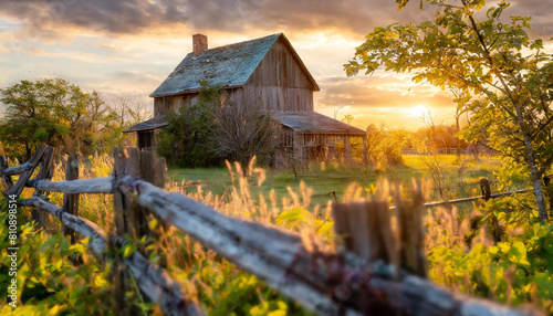 Abandoned weathered wooden farm house overgrown with weathered wooden fence in foreground photo