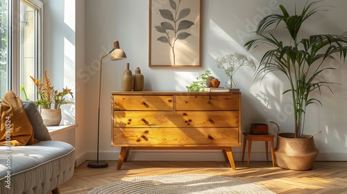 The photo shows a modern wooden chest of drawers standing in a stylish interior. The chest of drawers is made in a minimalistic design with clean lines and a smooth surface. Its natural texture and wa photo