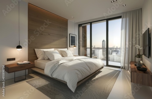 A modern bedroom with white walls  large windows overlooking the cityscape  and an elegant wooden headboard on one wall