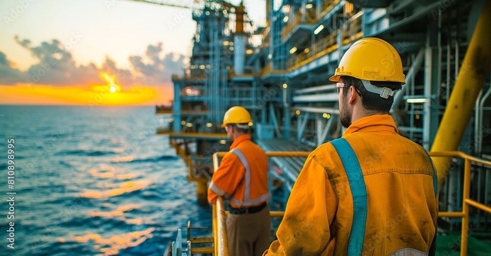 Two men in orange safety gear stand on a pier overlooking the ocean. The sun is setting in the background scene. The men are likely workers at an offshore oil rig. generate ai illustration.