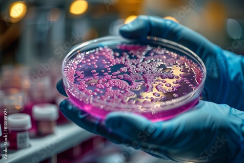 Gloved hands holding a petri dish with a variety of bacterial colonies in a laboratory © Larisa AI