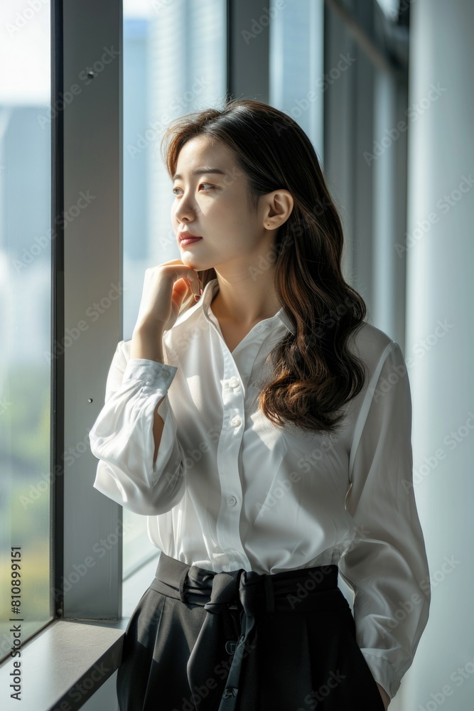 Attractive Asian woman in business attire looking out the window Fictional Character Created By Generative AI. Attractive Asian woman in business attire looking out the window Fictional Character Created By Generative AI.