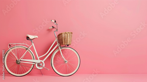 June 13 - World Bicycle Day. white women's bicycle with wicker basket on pink isolated background with copy space photo