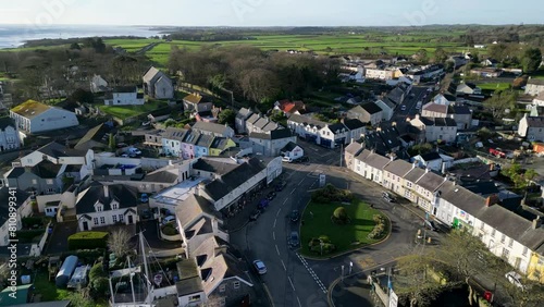Drone shot over the quiet Northern Ireland village of Strangford..