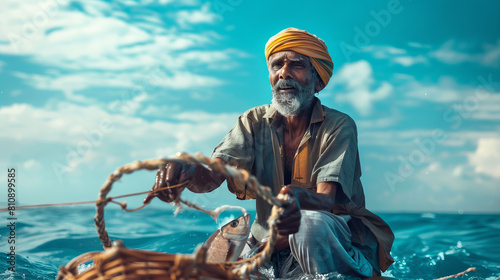 A traditionally dressed Indian fisherman demonstrates courage and determination by working on the ocean on a hot summer day. photo